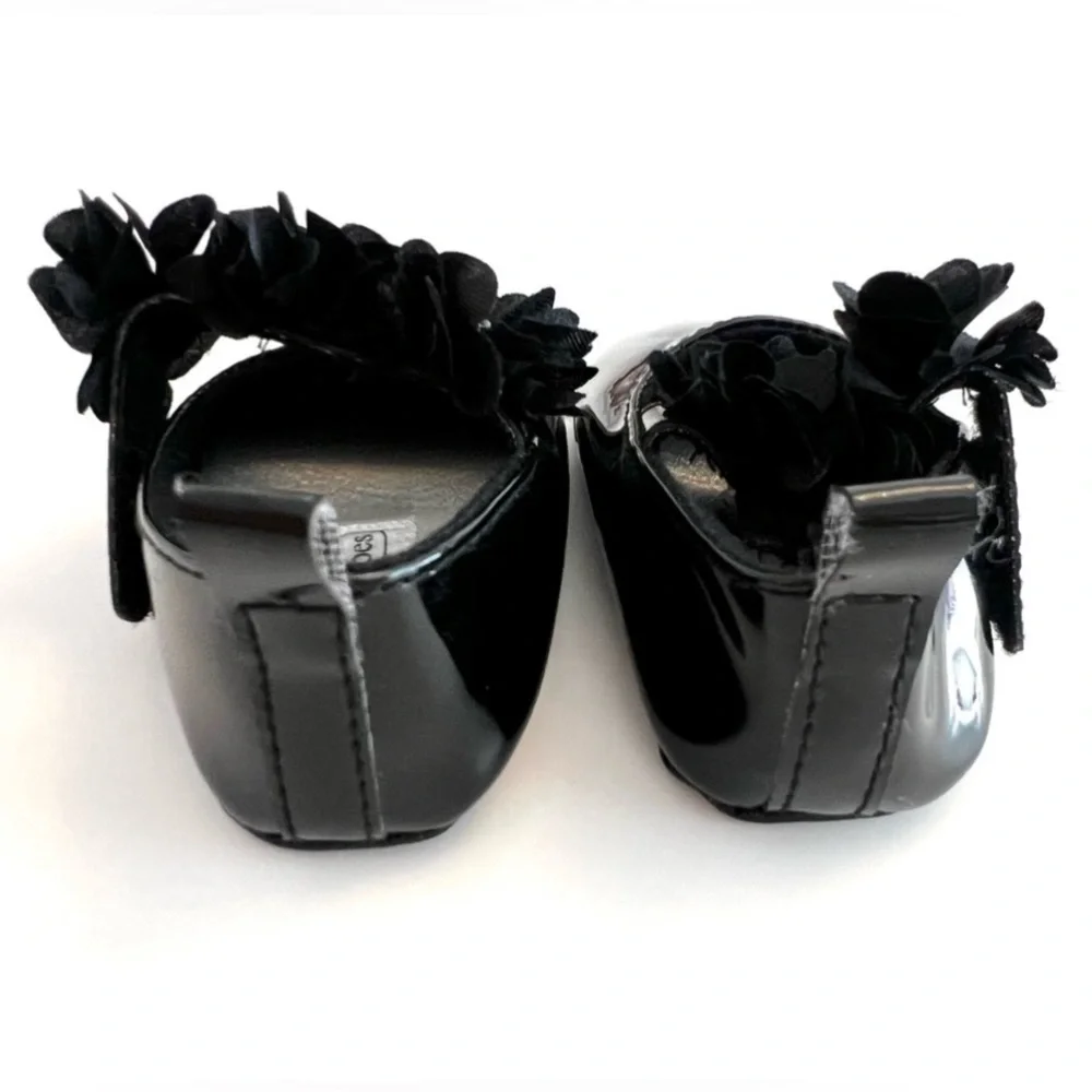 (NWOT) Elegant Baby Girl Black Dress Shoes w/Floral & Rhinestone Details, Size 1